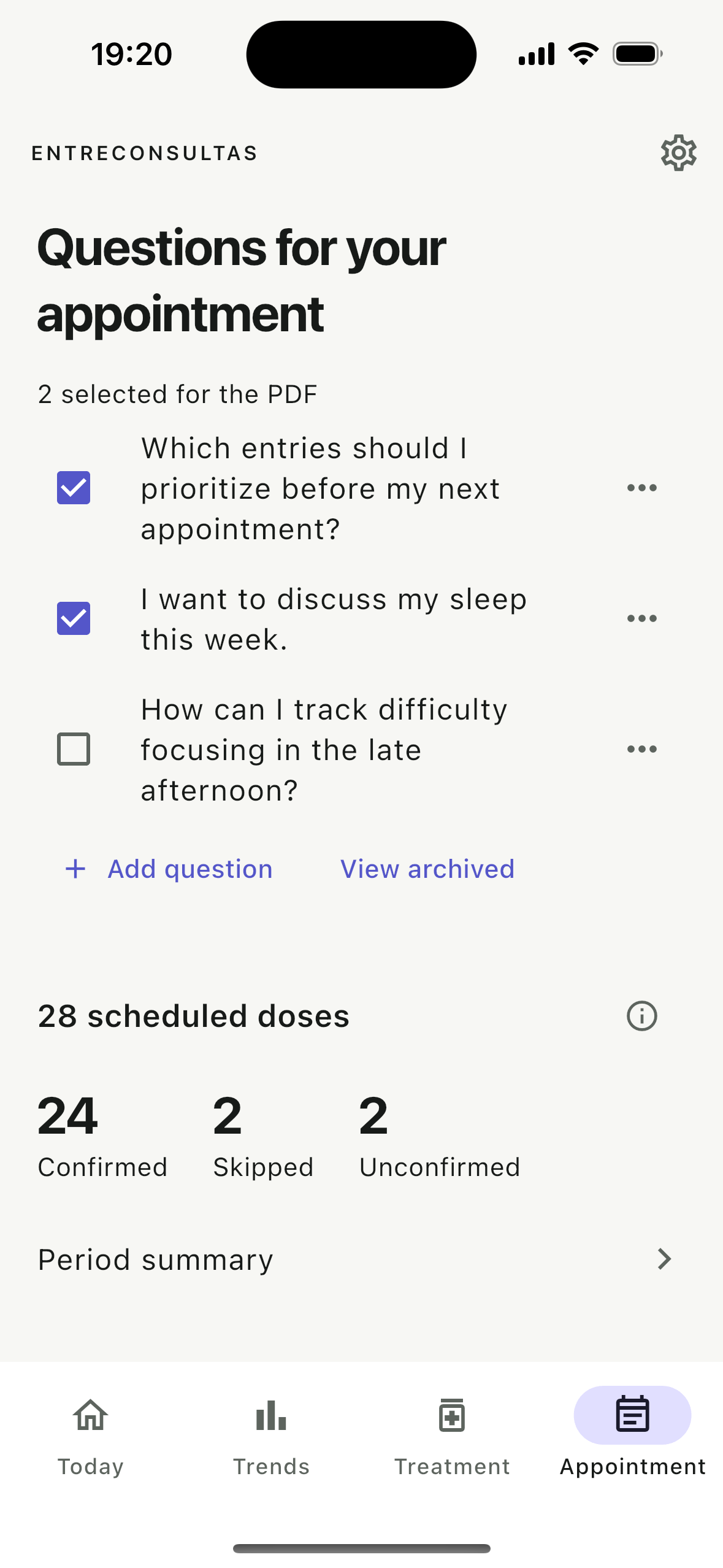 A list of questions to bring to an appointment, with two selected for the PDF.