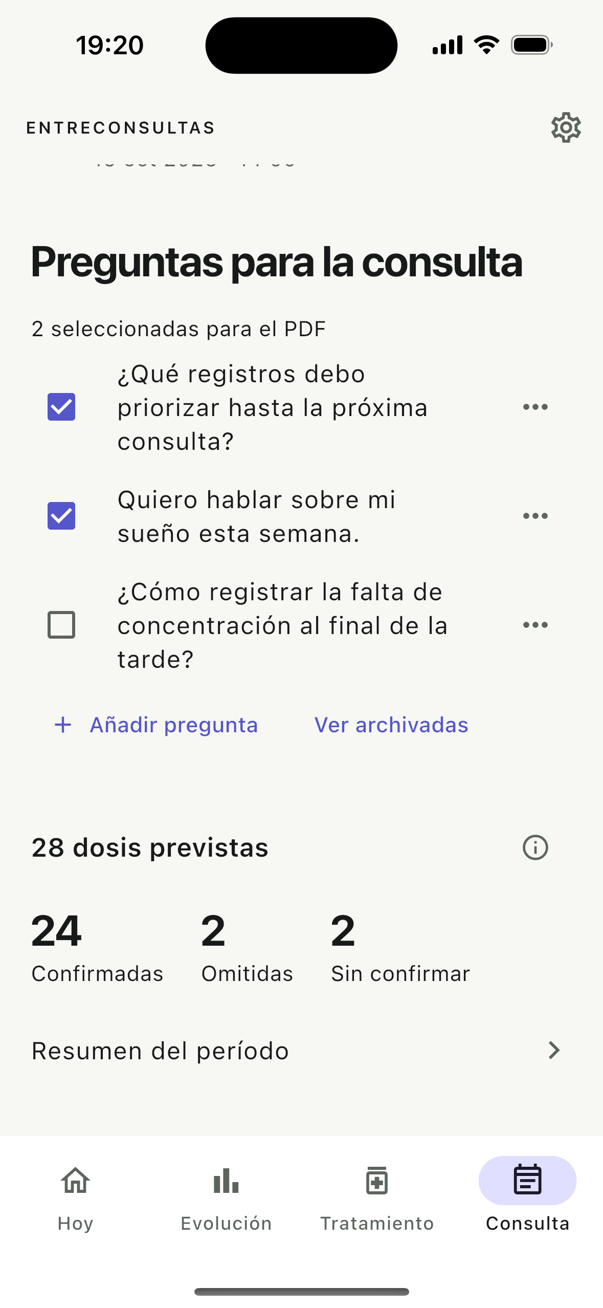 Lista de preguntas para llevar a la consulta, con dos seleccionadas para el PDF.